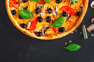 pizza, mushrooms, olives, chicken, tomato sauce, cheese (pizza ingredients). hot pizza. Top view. copy space