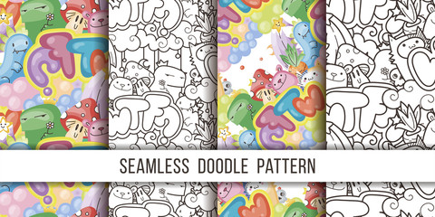 Collection of seamless vector patterns with cute cartoon monsters and beasts. Nice for packaging, wrapping paper, coloring pages, wallpaper, fabric, fashion, home decor, prints etc