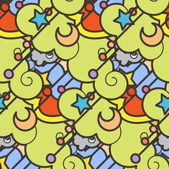 Seamless vector pattern with cute cartoon monsters and beasts. Nice for packaging, wrapping paper, coloring pages, wallpaper, fabric, fashion, home decor, prints etc