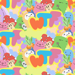 Plakat Seamless vector pattern with cute cartoon monsters and beasts. Nice for packaging, wrapping paper, coloring pages, wallpaper, fabric, fashion, home decor, prints etc