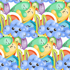 Seamless vector pattern with cute cartoon monsters and beasts. Nice for packaging, wrapping paper, coloring pages, wallpaper, fabric, fashion, home decor, prints etc