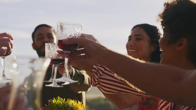 Group of young friends having a celebratory toast with wine at dinner out in the yard. Group of men and women celebrating with wine.
