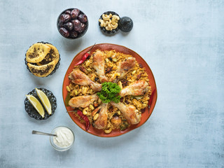 Chicken Makbous Al-Thahera, traditional food in Arabian region. Middle eastern food