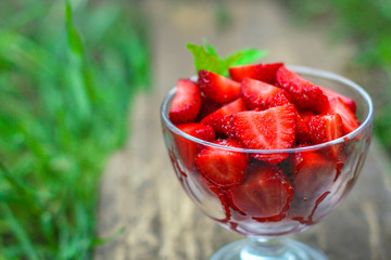 Strawberry dessert (fresh, organic berries) vitamins. food background. top
