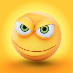 3D Rendering evil emoji isolated on yellow