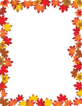 Fall leaves border isolates on white background. Brown, yellow and orange  fall abstract leaves and flowers with copy space. Autumn foliage frame for text. Editable Vector illustration, EPS10.