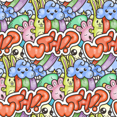 Seamless vector pattern with cute cartoon monsters and beasts. Nice for packaging, wrapping paper, coloring pages, wallpaper, fabric, fashion, home decor, prints etc