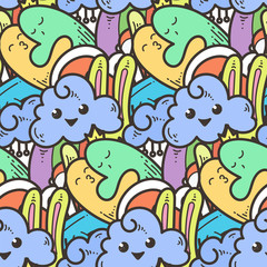 Seamless vector pattern with cute cartoon monsters and beasts. Nice for packaging, wrapping paper, coloring pages, wallpaper, fabric, fashion, home decor, prints etc