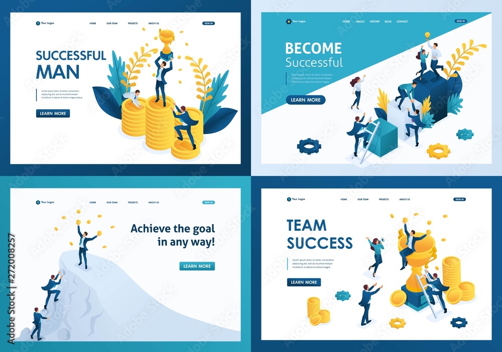 Poster set design web page templates of team success. modern illustration concepts for website and mobile w