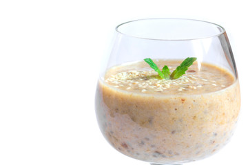 Vegetarian healthy banana smoothie in glass with mint isolated on white background
