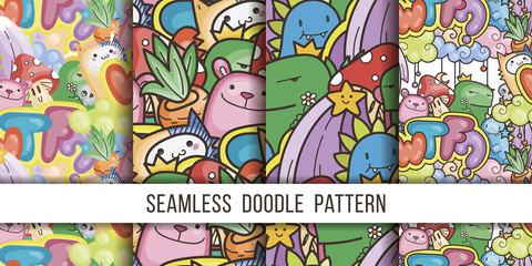 Collection of seamless vector patterns with cute cartoon monsters and beasts. Nice for packaging, wrapping paper, coloring pages, wallpaper, fabric, fashion, home decor, prints etc