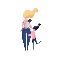 Happy family, mother with adopted kids. Single Mom with adopted son and daughter. Vector illustration.