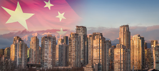 A Chinese flag superimposed over a sunset view of downtown Vancouver, BC, with a view of the snowy...