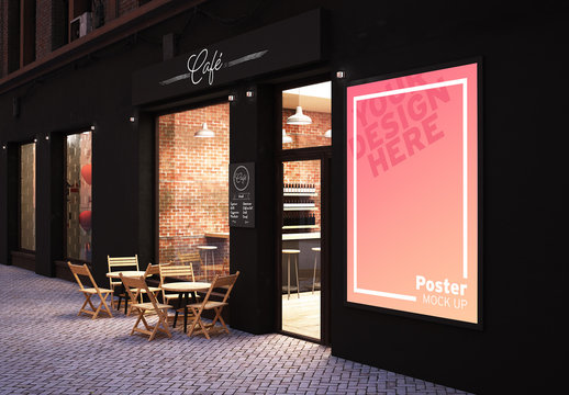 Cafe Storefront with Poster Mockup