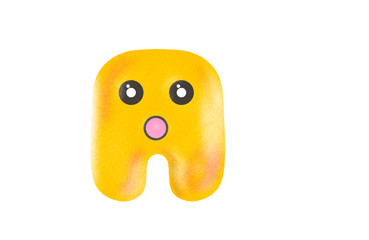 Surprise emotion biscuit man in yellow pink colours isolated on white background with copyspace