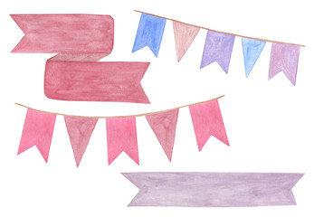 Fototapeta premium hand drawn multicolored small flags and ribbons, isolated objects on the white background, simple ornament for holiday design
