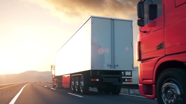A convoy of semi trucks drives passed the camera on a highway into the sunset. Realistic high quality 3d animation.