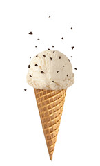 Vanilla on cone with falling chocolate morsels isolated on white background