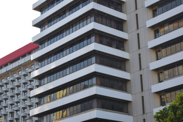 modern glass and steel office buildings low angle view at Jakarta, Indonesia