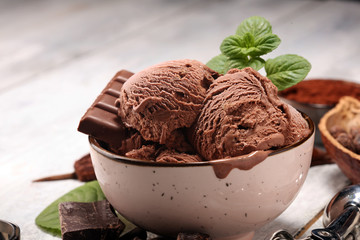 Chocolate coffee ice cream ball in a bowl. ice cream scoop