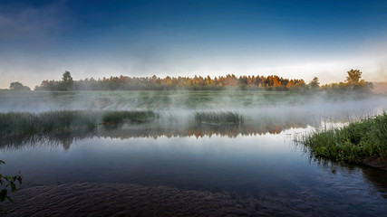 Fototapeta na wymiar Foggy morning on the Ugra river bank