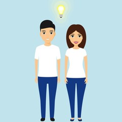 The concept of a collective idea. The guy with the girl under the glowing lamp. Business. Vector illustration.