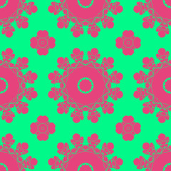 Floral pattern with abstract geometric form, green and pink color
