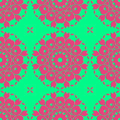 Floral pattern with abstract geometric form, green and pink color