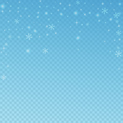 Fototapeta premium Sparse glowing snow Christmas background. Subtle flying snow flakes and stars on blue transparent background. 