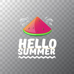Vector Hello Summer Beach Party Flyer Design template with fresh watermelon slice isolated on transparent background. Hello summer concept label or poster with fruit and typographic text