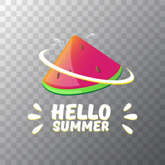 Vector Hello Summer Beach Party Flyer Design template with fresh watermelon slice isolated on transparent background. Hello summer concept label or poster with fruit and typographic text