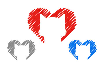 Set of three hearts in red, gray and bue colors with pets. hand drawn hearts with animal silhouette inside. Vector hearts ready for web and print. Cat head logo.