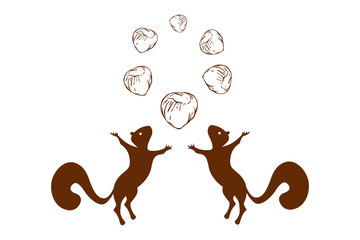 Isolated vector jumping squirrels silhouettes and circle of hazelnuts on top. Logo of two squirrels with six nuts in brown color. Squirrels standing on hind legs