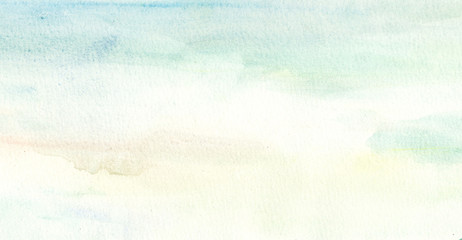 Handmade illustration light sky blue watercolor background. Aquarelle paint paper textured canvas element for text design, greeting card, template.