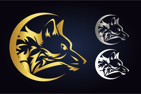 Vector wolf head silhouette inside half moon in gold, silver and white colors. Side view of wild animal in crescent. Wolf vector logo inside demilune isolated on dark background.
