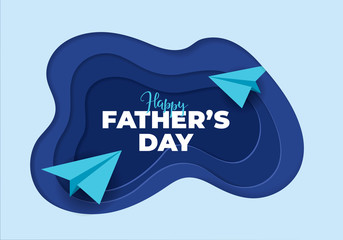 Vector father day banner template. Modern paper cut trendy style. Blue color palette background with paper planes and 