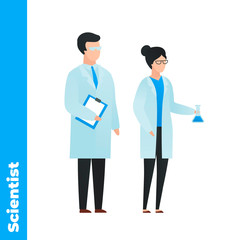 Trendy flat medical character vector cartoon illustration. Set of male and female scientist team standing isolated on white background. Coat uniform, chemical flask, papers. Laboratory.