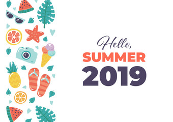 Obraz premium Vector summer beach banner template. Vertical border frame of flat cartoon starfish, leaf, fruit and travel equipment icons and text 
