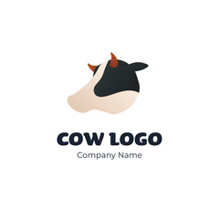 Vector cow farm or butcher logotype template. Modern style animal character head of highland cattle with horns isolated on white background. Design of logotype for eco farming, milk, meat business