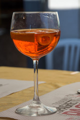 Close up of a glass of aperol spritz cocktail