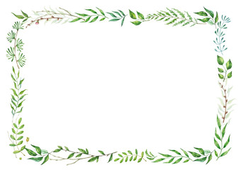 Herbal mix vector frame. Hand painted plants, branches and leaves on white background. Natural card design.