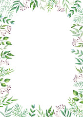 Herbal mix vector frame. Hand painted plants, branches and leaves on white background. Natural card design.