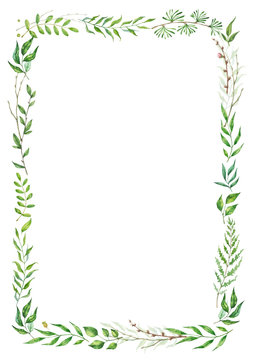 Herbal mix vector frame. Hand painted plants, branches and leaves on white background. Natural card design.