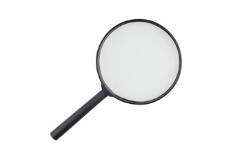 One circle transparent glass magnifier with black plastic frame and handle isolated on white background
