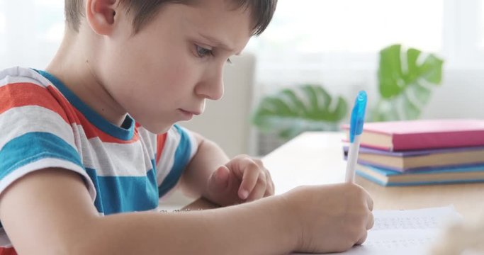 Boy doing homework writing with pen in book