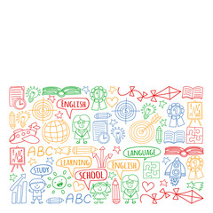 Vector set of learning English language, children's drawing icons in doodle style. Painted, colorful, pictures on a piece of paper on white background.