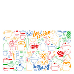 Vector set of children's kitchen and cooking drawings icons in doodle style. Painted, colorful, pictures on a piece of paper on white background.