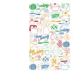 Vector set of children's kitchen and cooking drawings icons in doodle style. Painted, colorful, pictures on a piece of paper on white background.