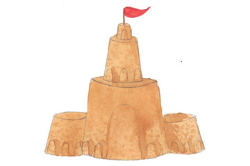 The construction of sand castles is a favorite entertainment of children and adults by the sea. Watercolor hand drawn illustration