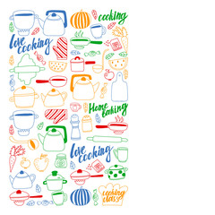 Vector set of children's kitchen and cooking drawings icons in doodle style. Painted, colorful, pictures on a piece of paper on white background.